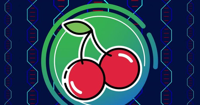 Animation of cherry in circle on navy background with dna