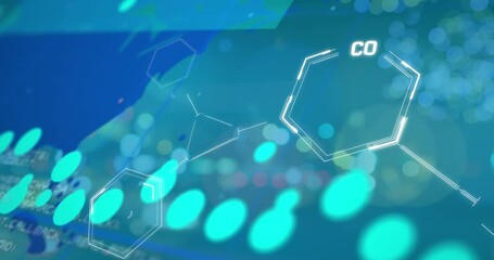 Animation of graphs and chemical formulas over world map and green background - Powered by Adobe