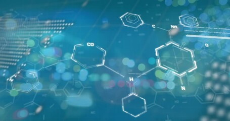 Animation of graphs and chemical formulas over world map and green background - Powered by Adobe