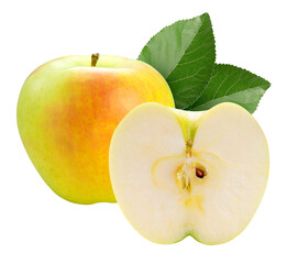 Fresh Yellow Apple with leaf on White with clipping path, Japanese Green Orin Apple on white background PNG File.