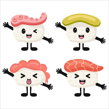 Cute sushi roll with kawaii eyes, hands and legs and smile with salmon, avocado,  shrimp and octopus. Flat design vector illustration