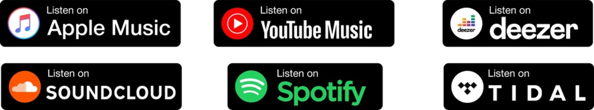 Popular Music streaming service listen on badges set. Popular music services. I listen online. Buttons for a website or application on transparent background. PNG image
