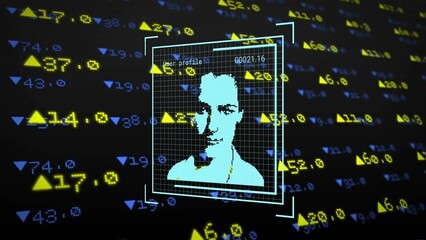 Animation of data processing with people portraits over stock market on black background - Powered by Adobe