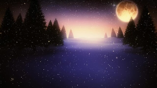 Animation of snow falling over night forest winter landscape