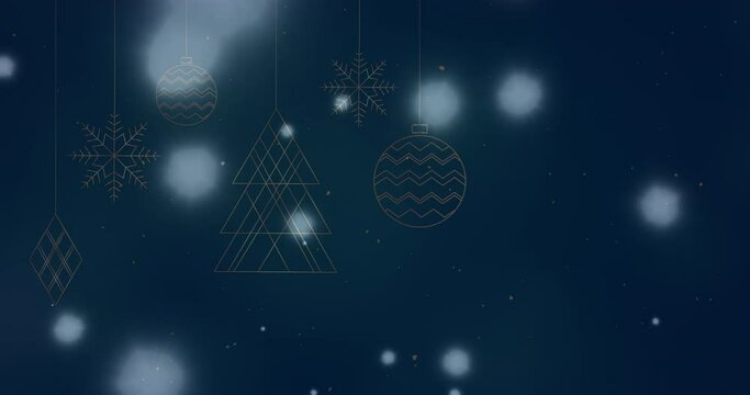 Animation of light spots over christmas decorations on blue background