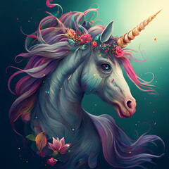 Lovely unicorn with ombre mane and glazed eyes in underwater. Vector illustration. Artwork. Portrait. Generative AI	