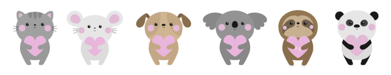 Sloth koala panda bear cat dog mouse set icon holding heart. Happy Valentines Day. Cute kawaii cartoon baby character. Pink cheek. Notebook cover, tshirt print. White background. Flat design. © worldofvector