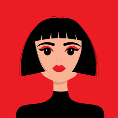 Young girl face. Portrait of woman. Beautiful lady, female. Front view. Brunette bob cut hairstyle. Black hair. Avatar for social networks. Lipstick red eyeshadow makeup. Flat design. Red background.