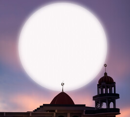 Mosques Dome,Moon on Dusk Sunset Twilight Sky Background,Islamic New Year Muharram,Islamic Religion Symbols Ramadan and Arabic,Eid al-Adha,Eid al-fitr,Mubarak,Kareem Holy Muslim,Mubarak God.