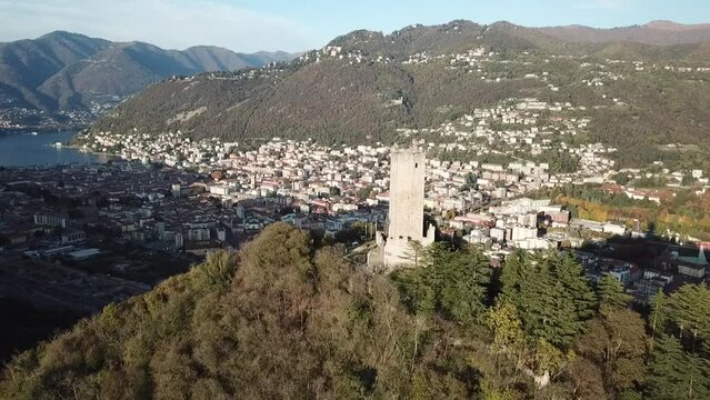 Panoramic view of the Italian city of Como and its lake from Castel Baradello during the month of November.