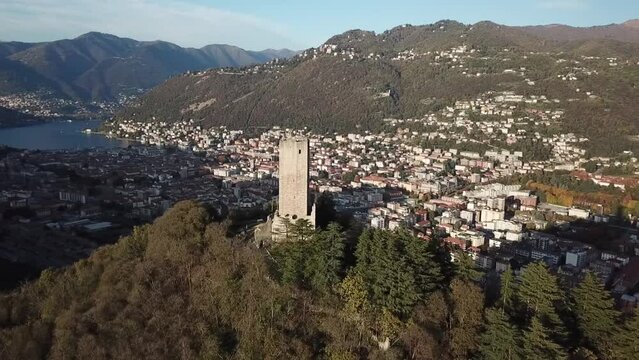 Panoramic view of the Italian city of Como and its lake from Castel Baradello during the month of November.