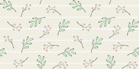 Fototapeta na wymiar Twigs, branches with leaves and berries on a beige background with polka dots and stripes. Plant endless texture. Vector seamless pattern for wrapping paper, giftwrap, cover, surface texture and print
