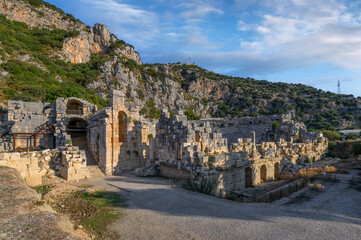 Ruins of the ancient city of Myra in Demre, Turkey. Ancient tombs and amphitheater.	

