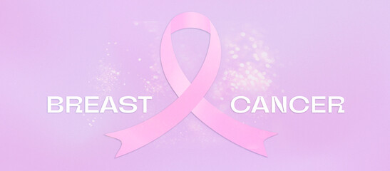 Breast cancer day or month banner, October, on flat lay pink. Illustration