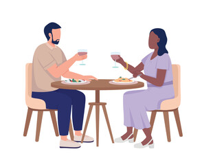 Fototapeta na wymiar Couple on date drinking wine and eating meals semi flat color vector characters. Editable figures. Full body people on white. Simple cartoon style illustration for web graphic design and animation