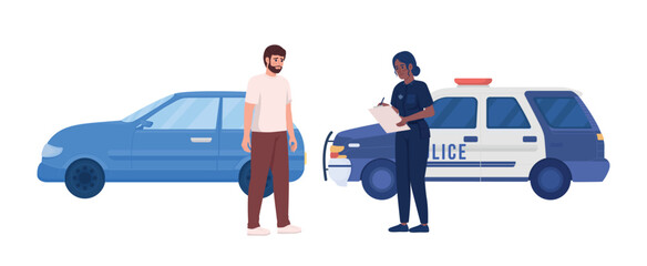Worried man pulled over by female police officer semi flat color vector characters. Editable figures. Full body people on white. Simple cartoon style illustration for web graphic design and animation