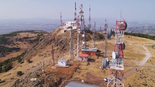 Telecommunications station with several antenna towers. Orbital aerial view.