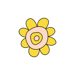 Retro Groovy Flower Element, Daisy flat icon in doodle style. Cute Hand Drawn Hippy Flower inspirited by 70s years. Vintage vector illustration isolated on white background. Floral for poster, print.