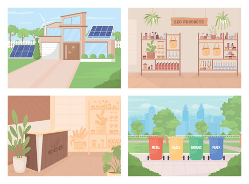 Sustainability flat color vector illustrations set. Ecology care. Fully editable 2D simple cartoon interiors and landscapes pack with scenes on background. Nerko One Regular, Bebas Neue fonts used