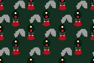 Seamless pattern with retro train with a red star. Railway concept. Railway banner. Wallpaper and fabric print.
