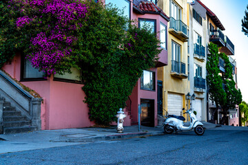Fototapeta na wymiar Vintage parked moto scooter on the streets of San Francisco, California. USA.