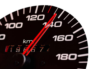 Car speedometer. Auto car speedometer shows 140 speed.Closeup.Automobile dangerous speed...