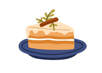 Christmas cake piece. Winter dessert served on plate. Sweet patisserie slice with vanilla layers and cream, decorated with cinnamon stick, icing. Flat vector illustration isolated on white background