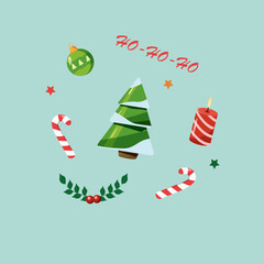 A set of pictures for a New Year's pattern with a Christmas tree, a Christmas tree toy, a candle, a lollipop in a flat style