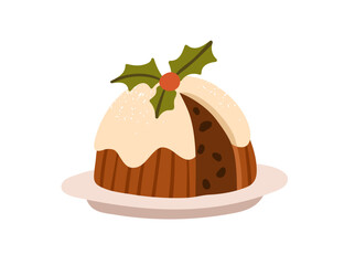 Christmas fruit chocolate pudding. Xmas cake decorated with sugar icing, holly, red berry. Winter holiday fruitcake, dessert with sweet frosting. Flat vector illustration isolated on white background