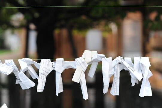 Traditional omikuji white paper with fortune telling with kanji symbols knotted to a rope at shinto shrine in Japan, Asia - Powered by Adobe