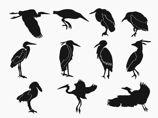 abstract heron bird clipart silhouette vector illustration set collection .flying taking off and standing herons isolated on white background