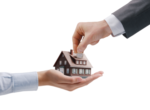 Man putting a coin in a model house - Powered by Adobe
