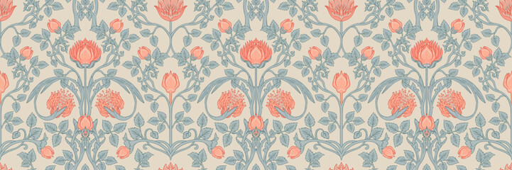 Floral vintage seamless pattern for retro wallpapers. Enchanted Vintage Flowers. Arts and Crafts movement inspired. Design for wrapping paper, wallpaper, fabrics and fashion clothes. - obrazy, fototapety, plakaty