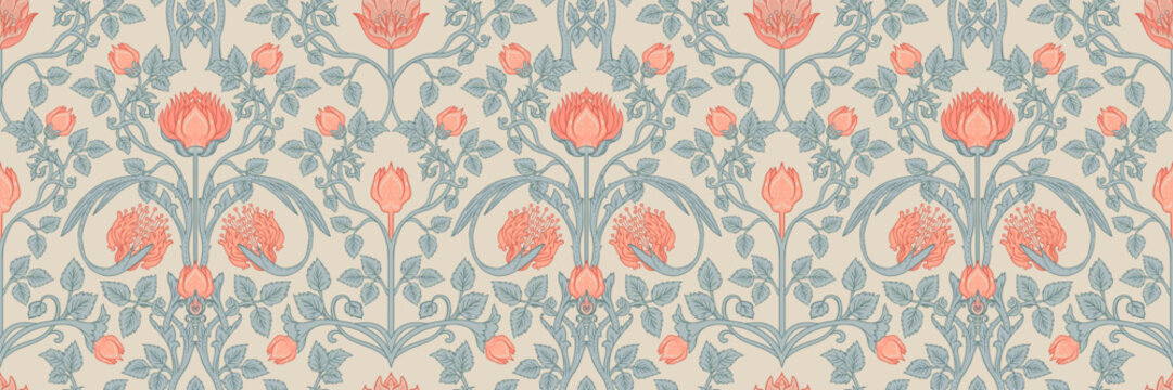 Fototapeta Floral vintage seamless pattern for retro wallpapers. Enchanted Vintage Flowers. Arts and Crafts movement inspired. Design for wrapping paper, wallpaper, fabrics and fashion clothes.