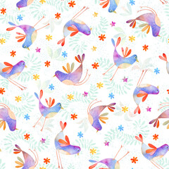 Watercolor cute birds seamless pattern, colorful birds kids background fetings caords, prints, textile - 552536364
