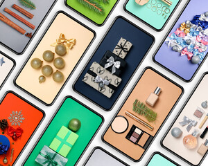 Flat lay with phones with photos for Christmas concept