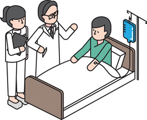 病院で医者に説明を受ける男性のアイソメイラスト