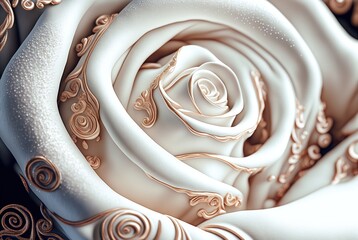 Macro closeup of floral silk fabric rose flower with reddish rose gold inlay and embroidery design.