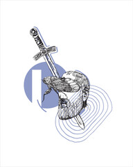 Abstract vector illustration. Creative print for clothes, template for posters, textiles and more. Man's face, cicada, sword.
