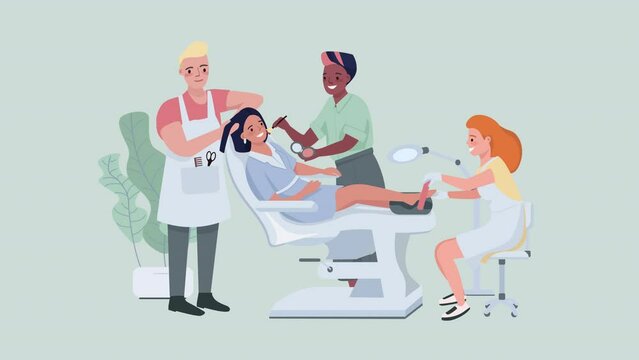Animated beauty procedure characters. Complex care for salon customer. Full body flat people on green background with alpha channel transparency. Colorful cartoon style HD video footage for animation