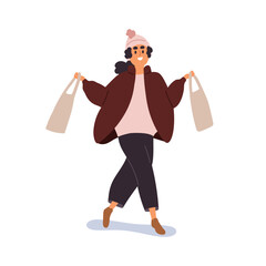 Happy woman going with shopping bags. Young smiling girl walking on street on winter holidays. Excited buyer with purchases at wintertime. Flat vector illustration isolated on white background