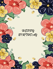 Happy birthday greeting card with floral frame in flat style