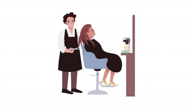 Animated haircut in salon characters. Woman at hairdressing salon. Full body flat people on white background with alpha channel transparency. Colorful cartoon style HD video footage for animation