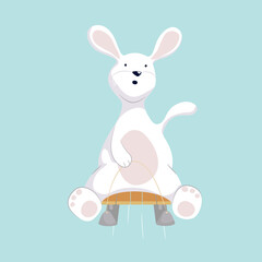 A white rabbit on the street in winter, rides a sleigh. Vector illustration with cartoon rabbit character. Isolated on blue background.