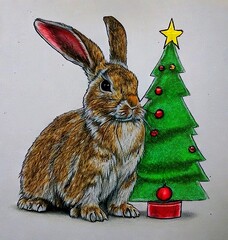 Rabbit with Christmas tree. Colored pencil sketch. Generative AI