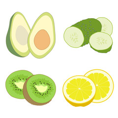 Vegetable fruit set with avocado, cucumber and kiwi, lemon in flat minimalistic style, vector isolated on white background.