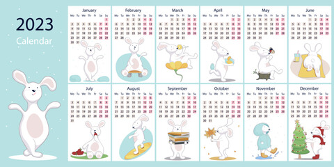 Calendar for 2023, twelve white rabbits for each month. Vector illustration with cartoon characters in different situations. Isolated on blue background