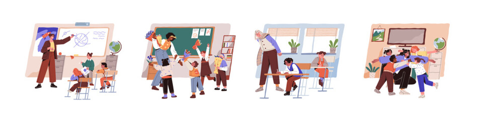 Teacher and children in class set. Elementary school kids learning, studying at lessons in classroom. Happy primary schoolchildren, pupils. Flat vector illustrations isolated on white background © Paper Trident