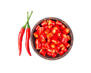 slice red chili in wood bowl isolated on transparent png