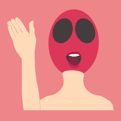 Character with human shoulders and hand in beige color with lines to emphasize the shapes, crimson ball head with big blank eyes greeting, vector isolated on pink background.
